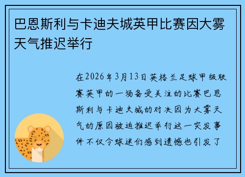 巴恩斯利与卡迪夫城英甲比赛因大雾天气推迟举行