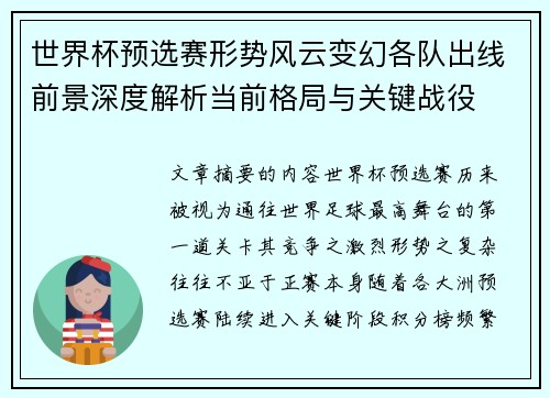 世界杯预选赛形势风云变幻各队出线前景深度解析当前格局与关键战役